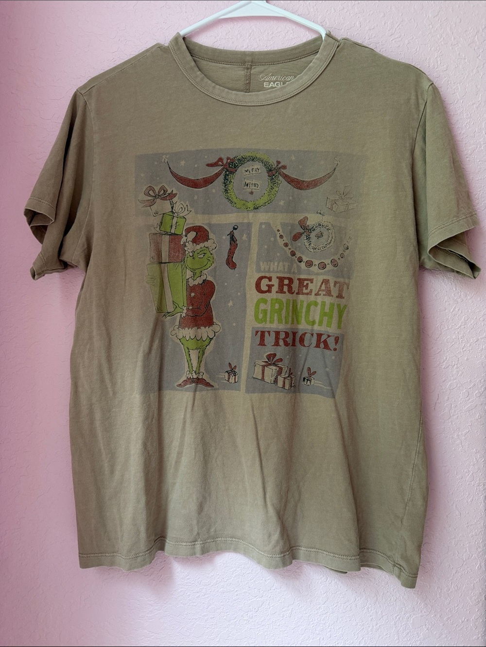 American Eagle Outfitters Olive Green "Great Grinchy Trick" Graphic Tee